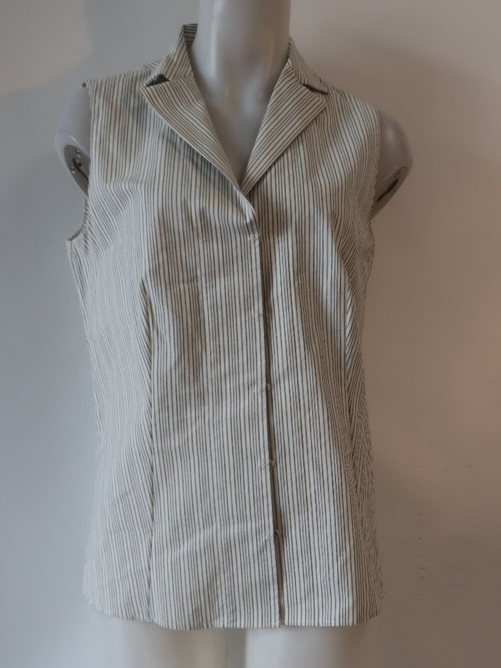 Womens Akris Punto (Item-72) White Blue Striped Sleeveless Button Shirt Top 10